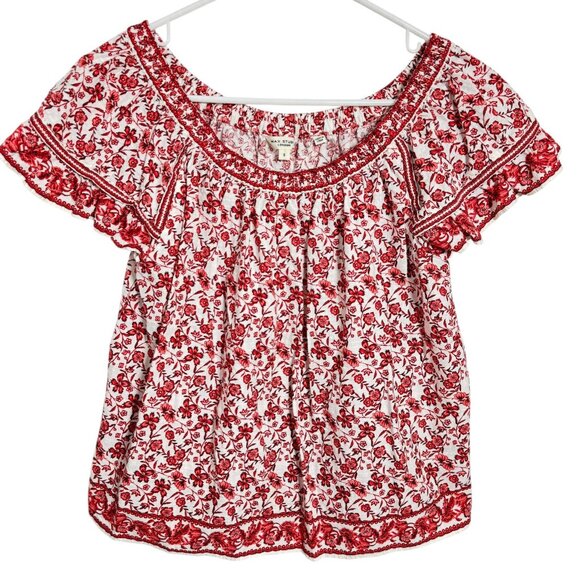 Max Max Studio London Red Floral Boho Peasant Top Size Small on off shoulder - Picture 1 of 6